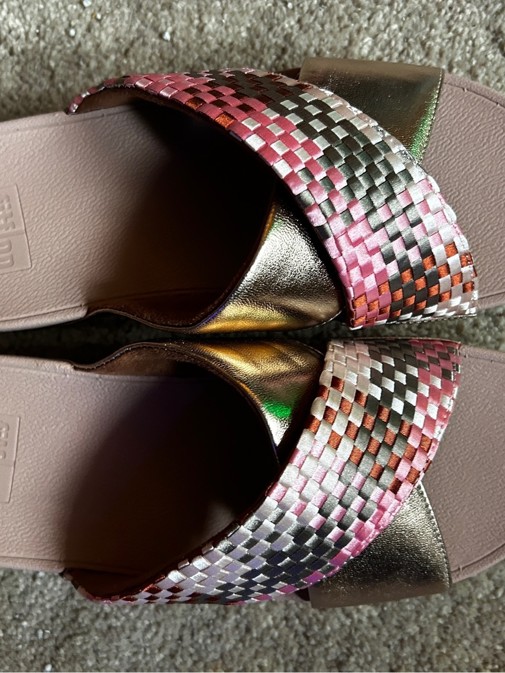 Fitflop Pink Metallic Woven Slide Sandals